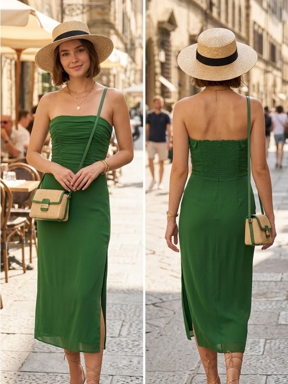 Reformation Lore Ruched Strapless Kelly Green Midi Dress Size 6